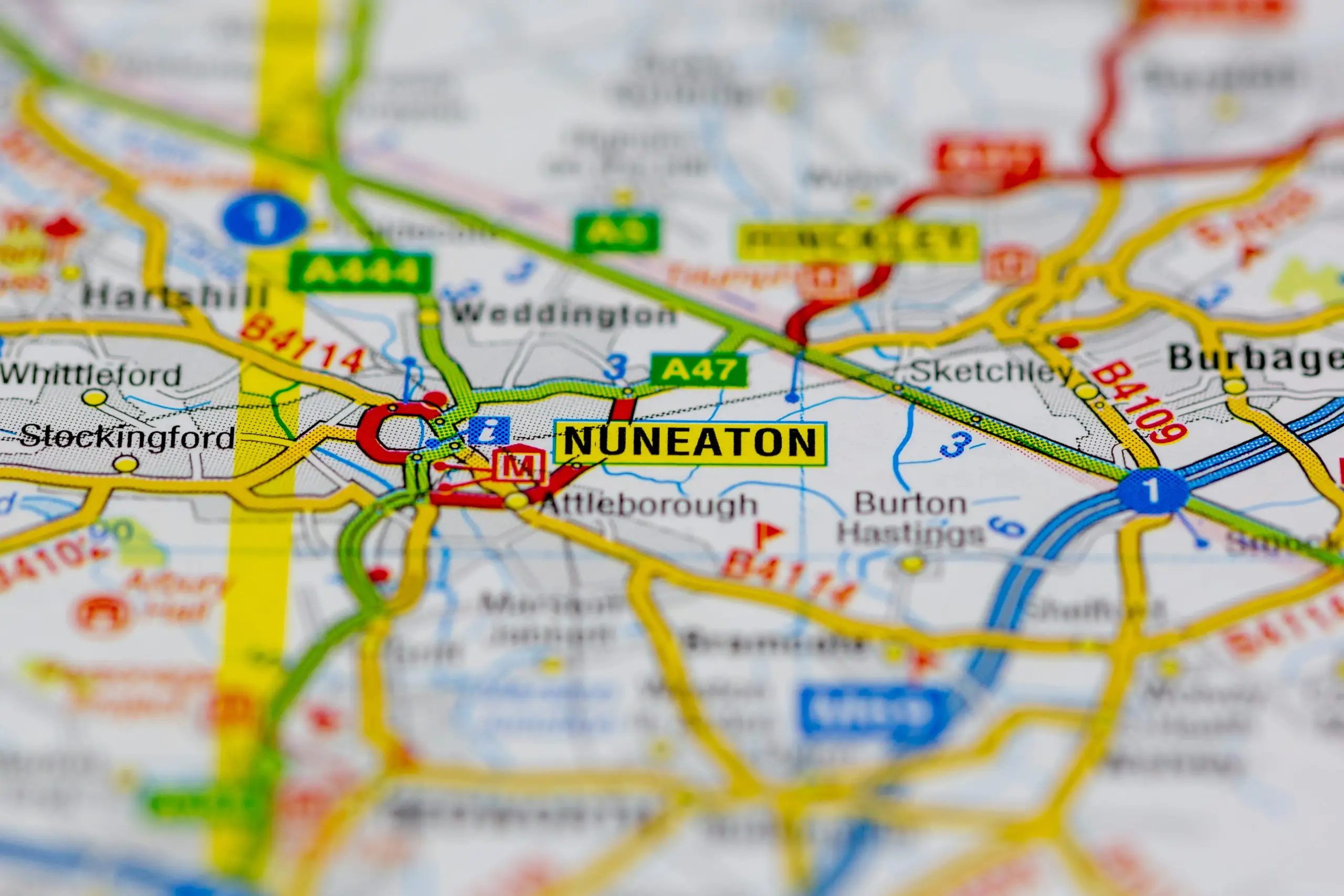 02-19-2021 Portsmouth, Hampshire, UK Nuneaton and surrounding areas shown on a road map or Geography map 02-19-2021 Portsmouth, Hampshire, UK Nuneaton and surrounding areas shown on a road map or Geography map