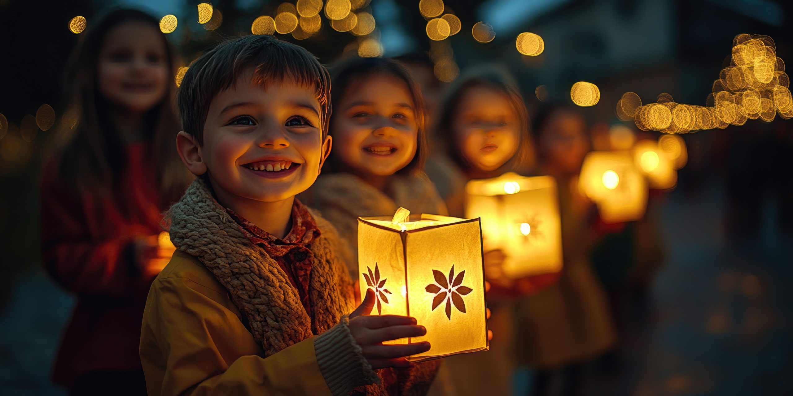 Joyful children singing traditional songs while carrying glowing lanterns during a St. Martin’s Day night walk, surrounded by families and warm community spirit. Banner with copy space