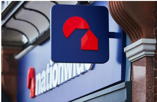Nationwide building Societies shop sign. Blue square red shapes